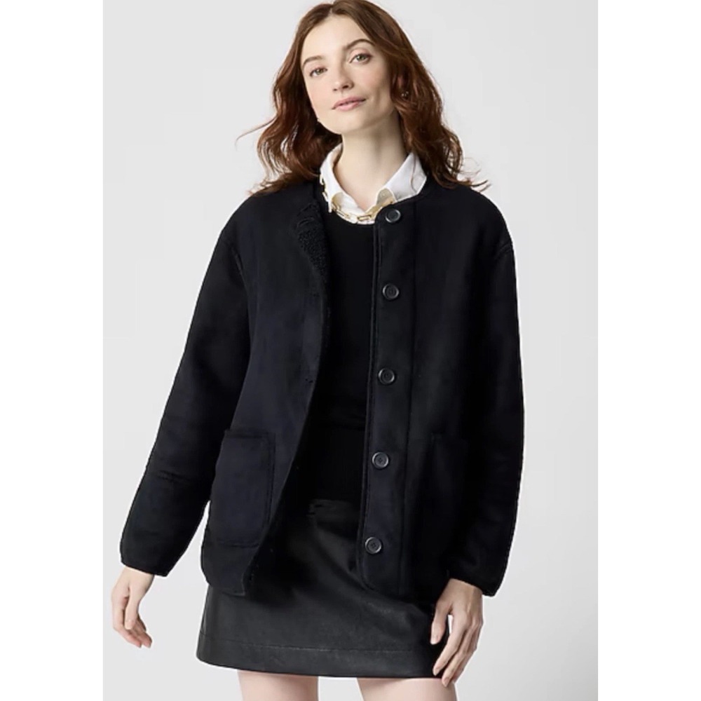 NWT J.Crew XL Black Reversible Sherpa and Faux Suede Jacket Lady Button Up